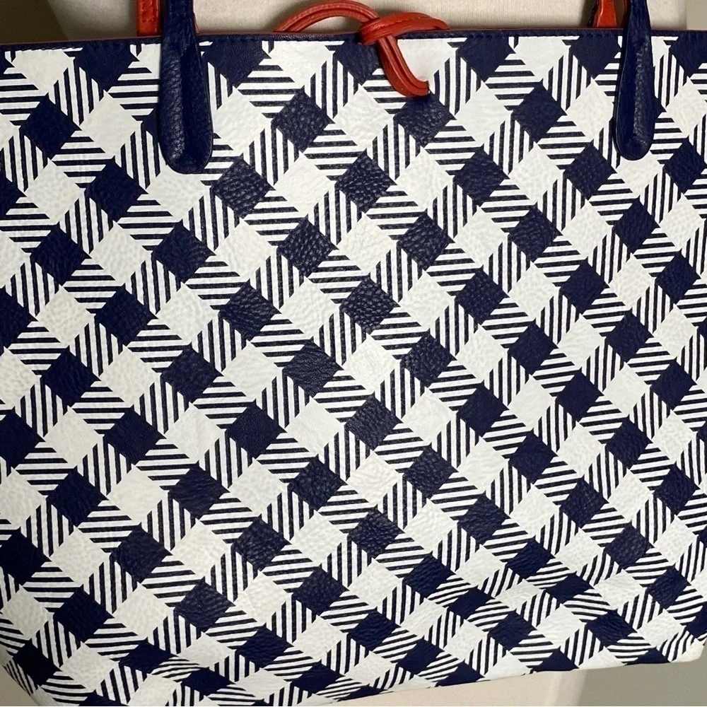 Mud Pie Navy Gingham & Orange-Red Reversible Reagan Tote Bag